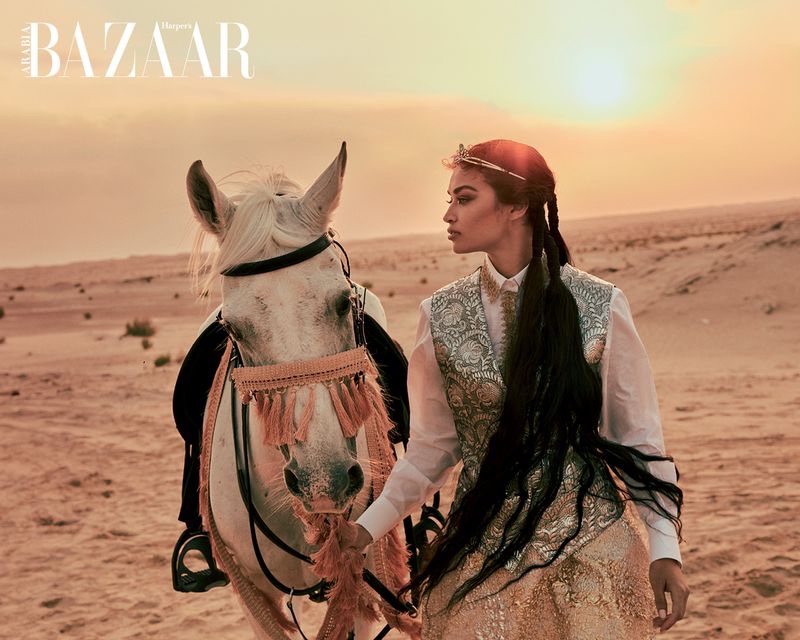 www.lacavalieremasquee.com | Greg Swales for Harper’s Bazaar Arabia January 2020 w/ Shanina Shaik